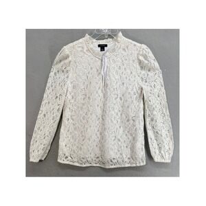 New Halogen Shirt Sz M Ivory Floral Lace Ruffle Neck Tie Blouse Long Sleeve
